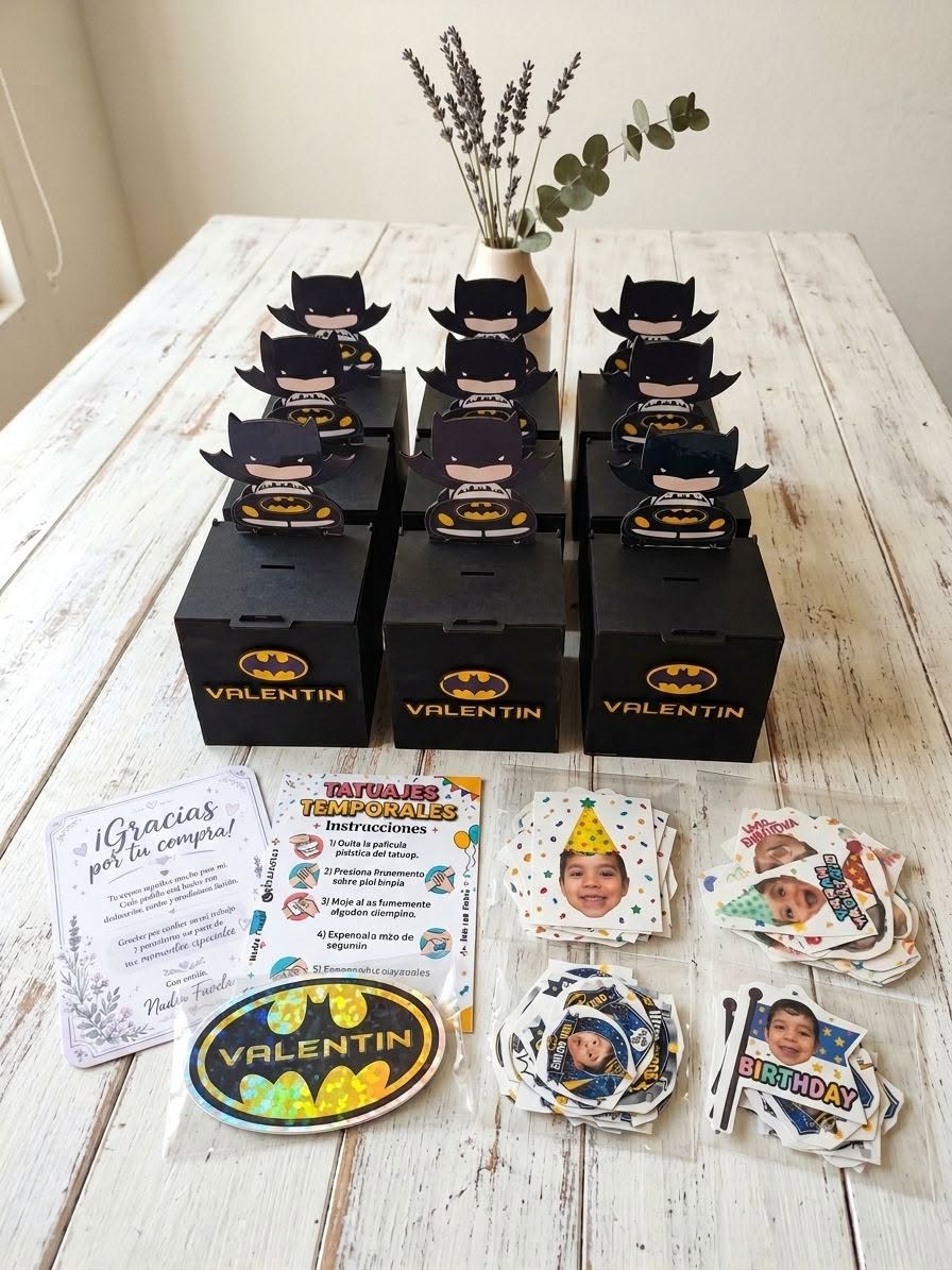 Ejemplo real de cajas, stickers, tarjetas y detalles personalizados para una fiesta infantil