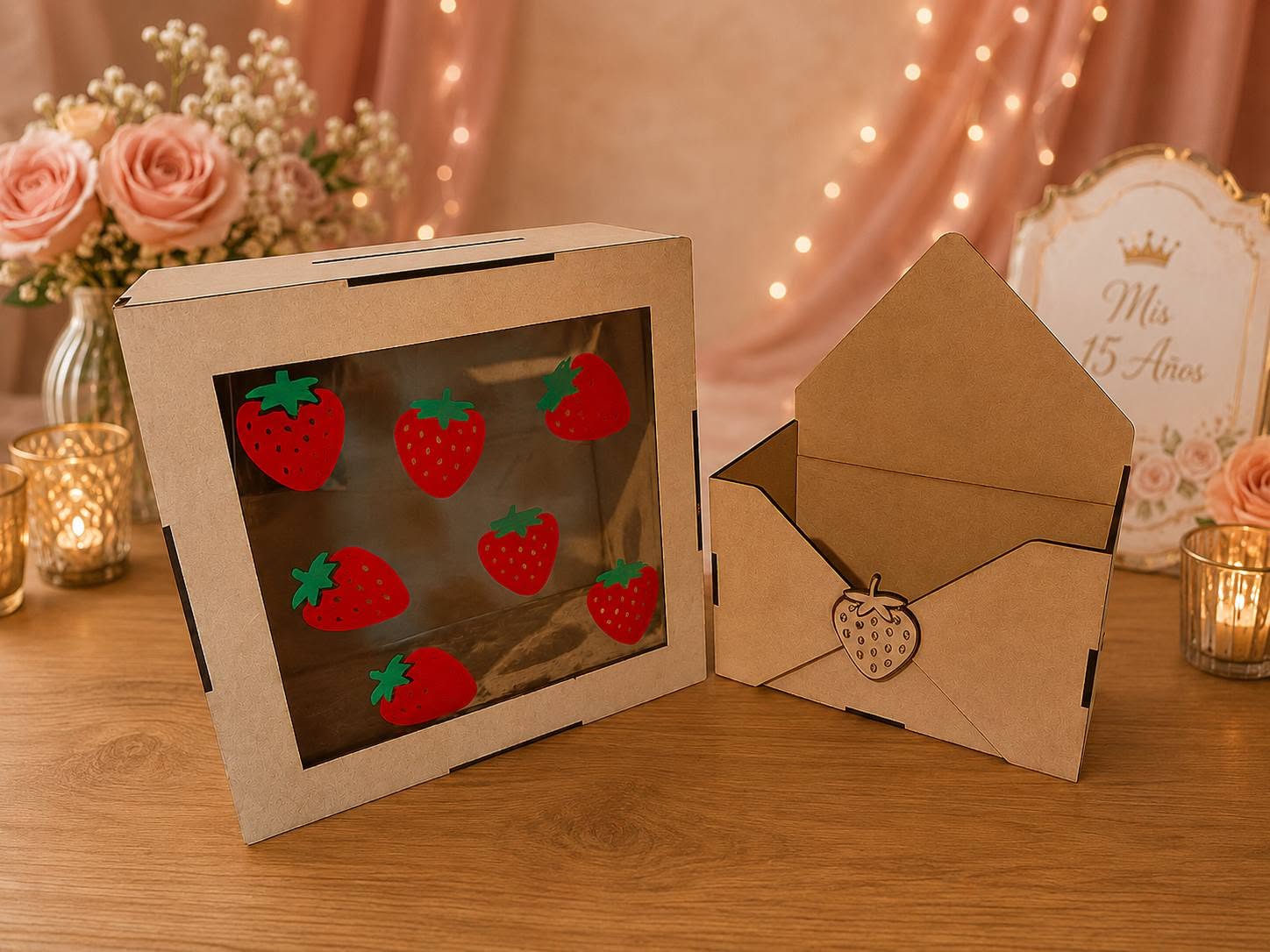 Caja y sobre de regalo elaborados en MDF para quince años